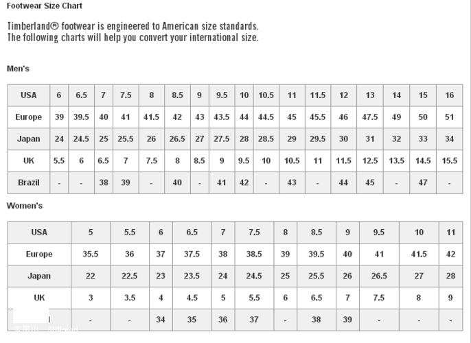 timberland尺码,timberland尺码对照表